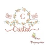 Matriz de Bordado Moldura Flores Borboleta Nome Cristal