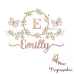 Matriz de Bordado Moldura Flores Borboleta Nome Emilly