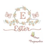 Matriz de Bordado Moldura Flores Borboleta Nome Ester