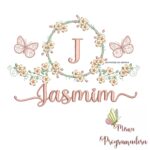 Matriz de Bordado Moldura Flores Borboleta Nome Jasmim
