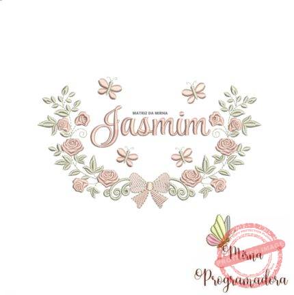 Matriz de Bordado Moldura Raminho Flores Nome Jasmim