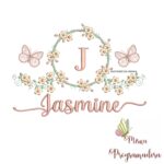 Matriz de Bordado Moldura Flores Borboleta Nome Jasmine