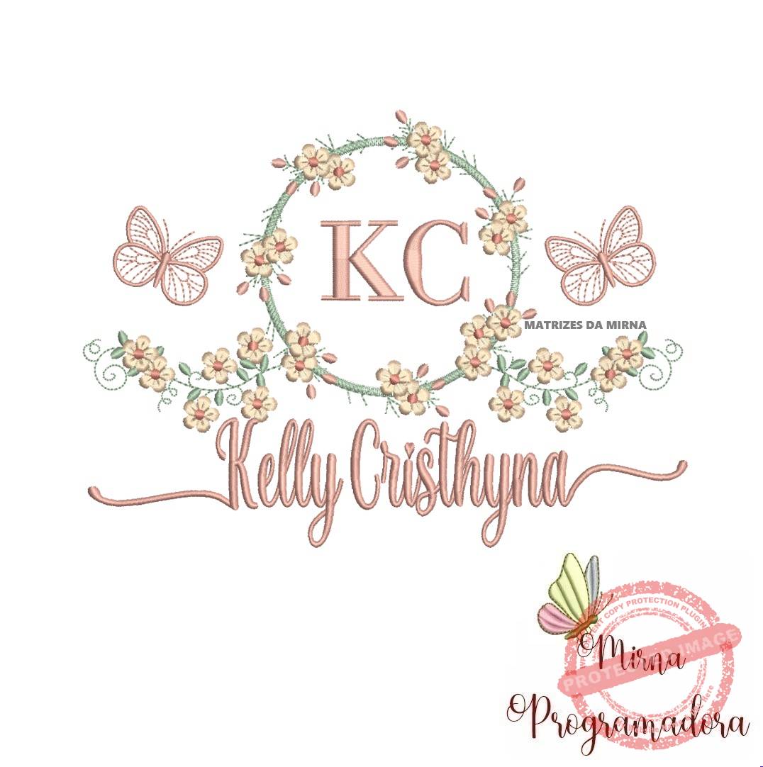 matriz de bordado kelly cristhyna Matriz de Bordado Moldura Flores Borboleta Nome Kelly Cristhyna - Imagem 1