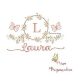Matriz de Bordado Moldura Flores Borboleta Nome Laura