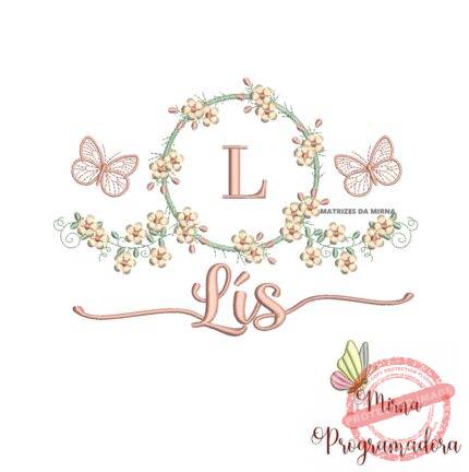 Matriz de Bordado Moldura Flores Borboleta Nome Lís