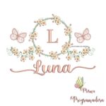 Matriz de Bordado Moldura Flores Borboleta Nome Luna
