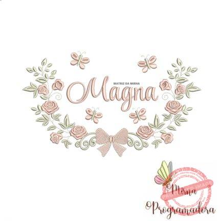 Matriz de Bordado Moldura Raminho Flores Nome Magna