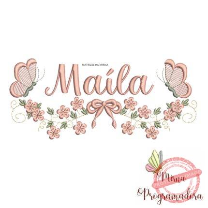 Matriz de Bordado Raminho Flores Borboletas Nome Maíla