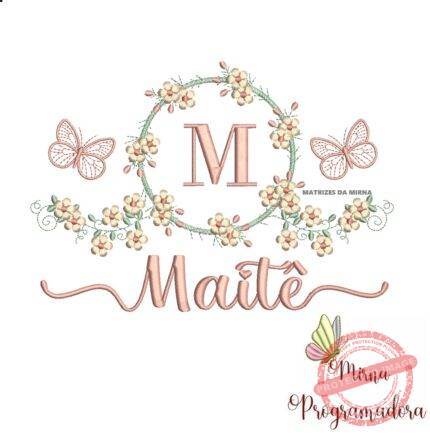 Matriz de Bordado Moldura Flores Borboleta Nome Maitê
