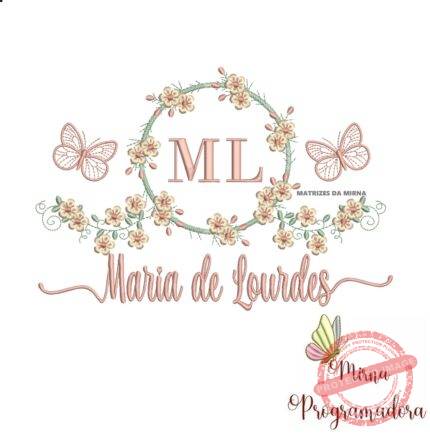Matriz de Bordado Moldura Flores Borboleta Nome Maria Lourdes