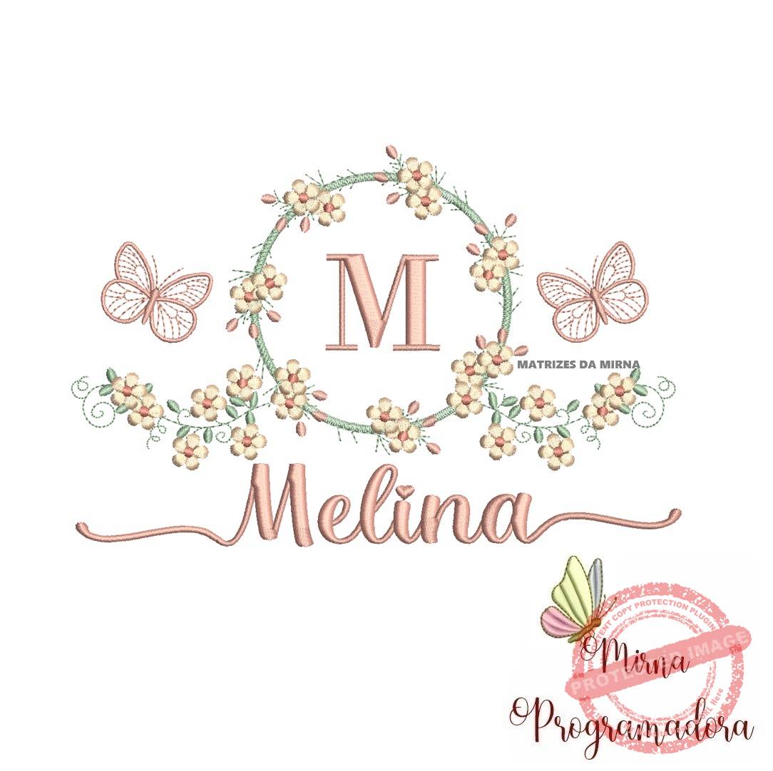 matriz de bordado melina Matriz de Bordado Moldura Flores Borboleta Nome Melina - Imagem 1