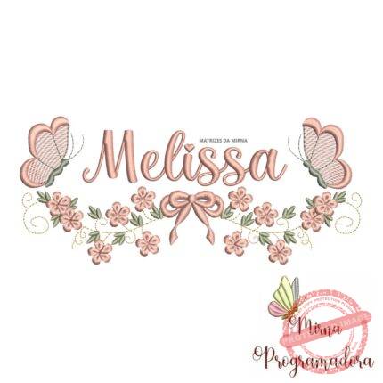 Matriz de Bordado Raminho Flores Borboletas Nome Melissa