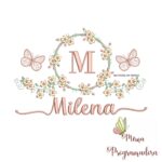 Matriz de Bordado Moldura Flores Borboleta Nome Milena