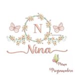 Matriz de Bordado Moldura Flores Borboleta Nome Nina