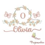 Matriz de Bordado Moldura Flores Borboleta Nome Olívia