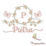 Matriz de Bordado Moldura Flores Borboleta Nome Pietra