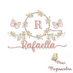 Matriz de Bordado Moldura Flores Borboleta Nome Rafaella