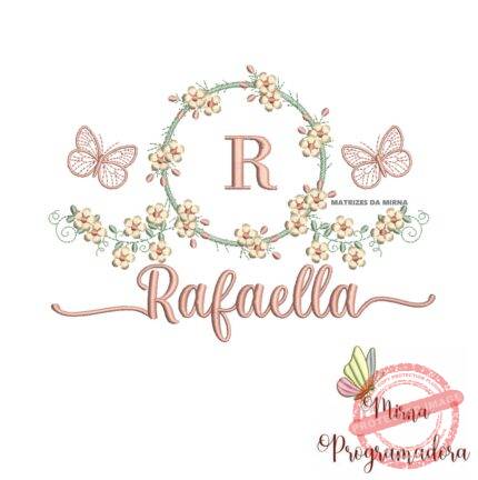Matriz de Bordado Moldura Flores Borboleta Nome Rafaella