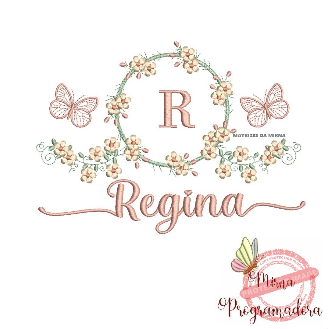 matriz de bordado regina Matriz de Bordado Moldura Flores Borboleta Nome Regina - Imagem 1