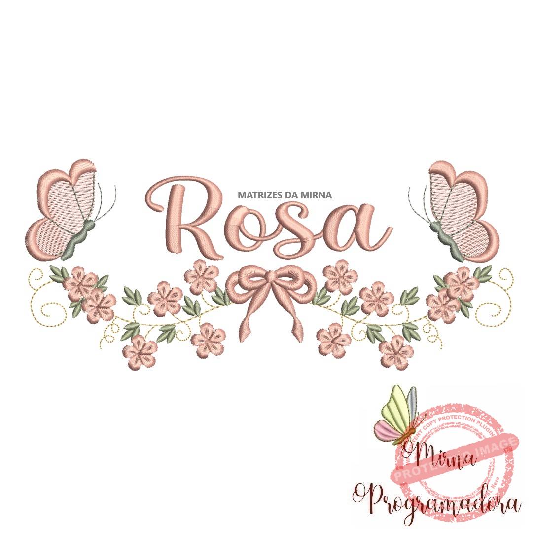 matriz de bordado rosa Matriz de Bordado Raminho Flores Borboletas Nome Rosa - Imagem 1