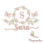 Matriz de Bordado Moldura Flores Borboleta Nome Sara