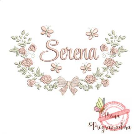 Matriz de Bordado Moldura Raminho Flores Nome Serena