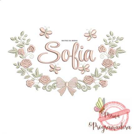Matriz de Bordado Moldura Raminho Flores Nome Sofia