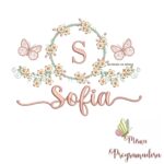 Matriz de Bordado Moldura Flores Borboleta Nome Sofia