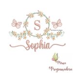 Matriz de Bordado Moldura Flores Borboleta Nome Sophia