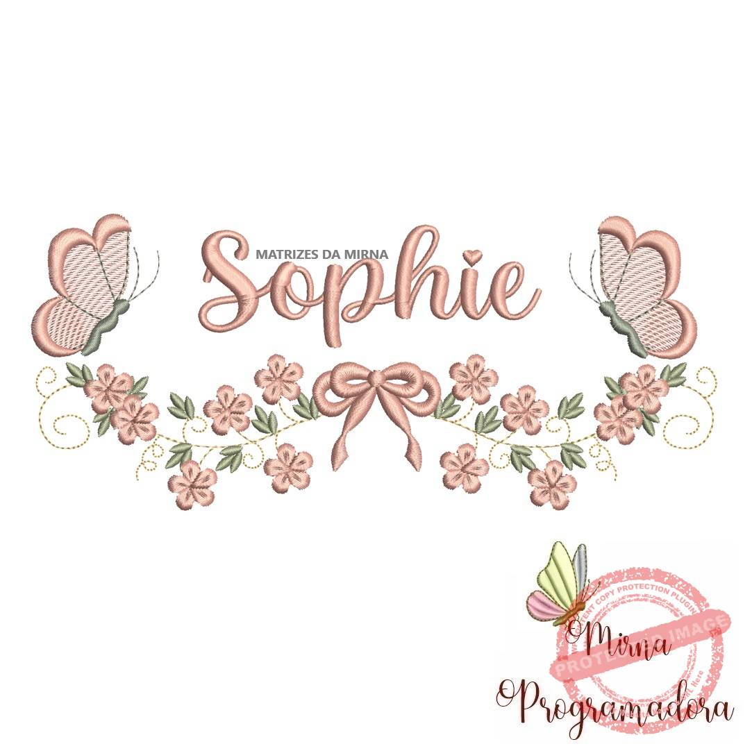 matriz de bordado sophie Matriz de Bordado Raminho Flores Borboletas Nome Sophie - Imagem 1