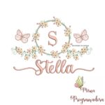 Matriz de Bordado Moldura Flores Borboleta Nome Stella
