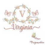 Matriz de Bordado Moldura Flores Borboleta Nome Virgínia