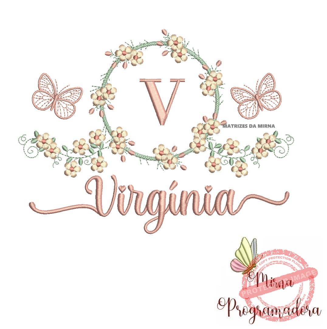 matriz de bordado virginia Matriz de Bordado Moldura Flores Borboleta Nome Virgínia - Imagem 1