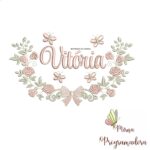 Matriz de Bordado Moldura Raminho Flores Nome Vitória
