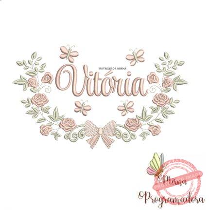 Matriz de Bordado Moldura Raminho Flores Nome Vitória