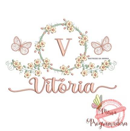 Matriz de Bordado Moldura Flores Borboleta Nome Vitória