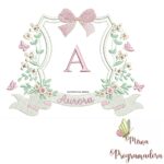 matriz de bordado Brasão Flores Borboletas Aurora