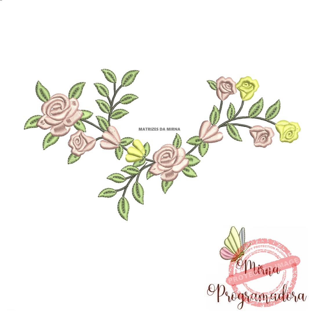 Matriz de Bordado Raminho Flores contorno em folhas