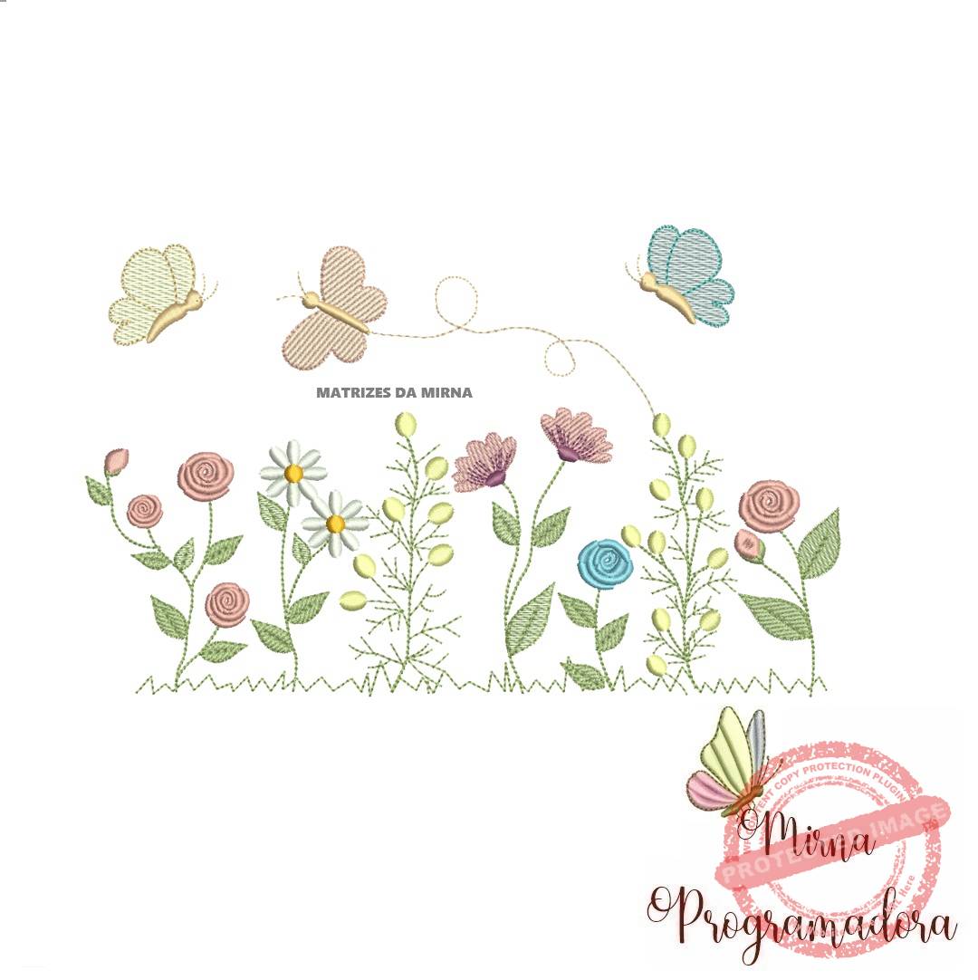 matriz de bordado Jardim flores borboletas