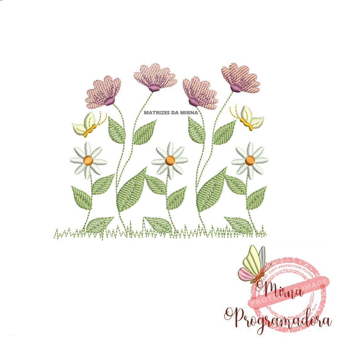 matriz de bordado Jardim flores borboletas