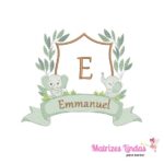 Matriz de Bordado Brasão Elefantes Safari com Nome Emmanuel