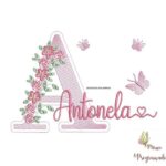 Matriz de Bordado - Nome Antonela com Flores e Borboleta
