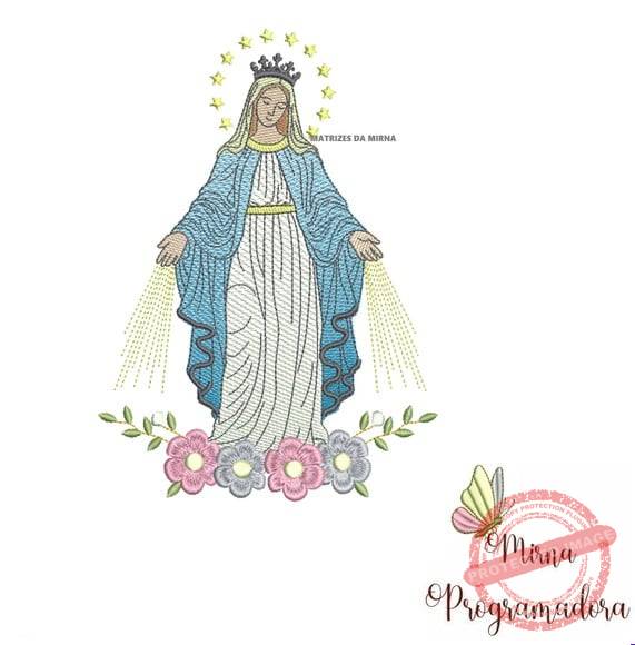 matriz-de-bordado-nossa-senhora-das-gracas-com-flores-costura Matriz de Bordado - Nossa Senhora das Graças com Flores - Imagem 1