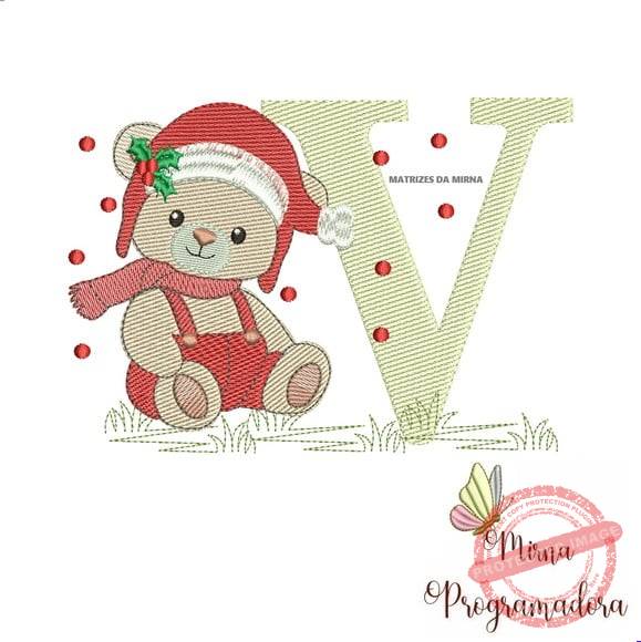 matriz-de-bordado-ursinho-natal-letra-v-ebordados Matriz de Bordado Ursinho Natal Letra V - Imagem 1