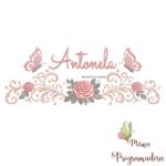 matriz de bordado arabesco rosas borboletas nome antonela 024