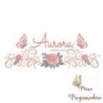 matriz de bordado arabesco rosas borboletas nome aurora-033