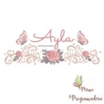 matriz de bordado arabesco rosas borboletas nome ayla-030