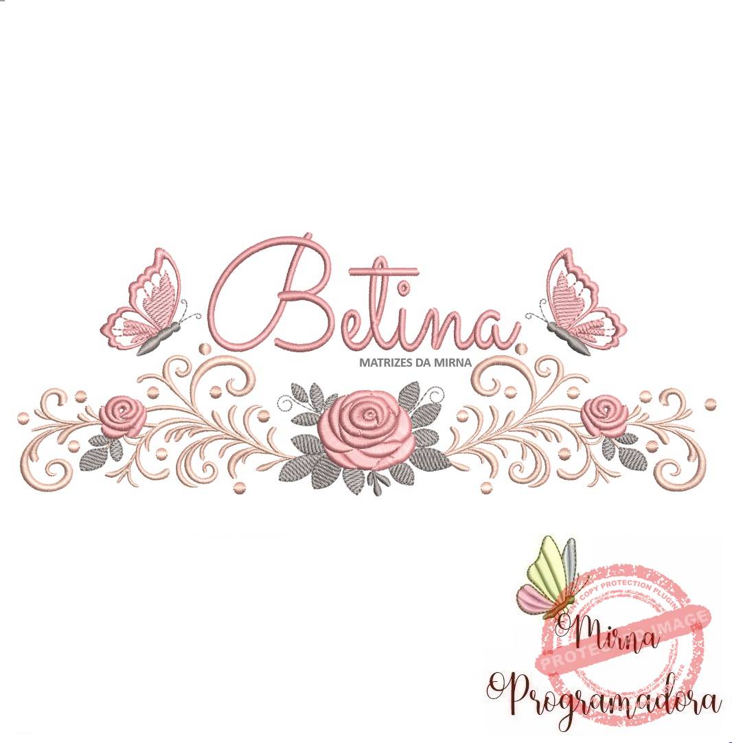 matriz de bordado arabesco rosas borboletas betina-037 matriz de bordado arabesco rosas borboletas nome betina-037 - Imagem 1