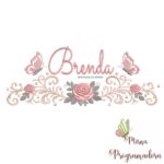 matriz de bordado arabesco rosas borboletas nome brenda-055