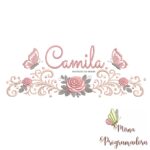 matriz de bordado arabesco rosas borboletas nome camila-053